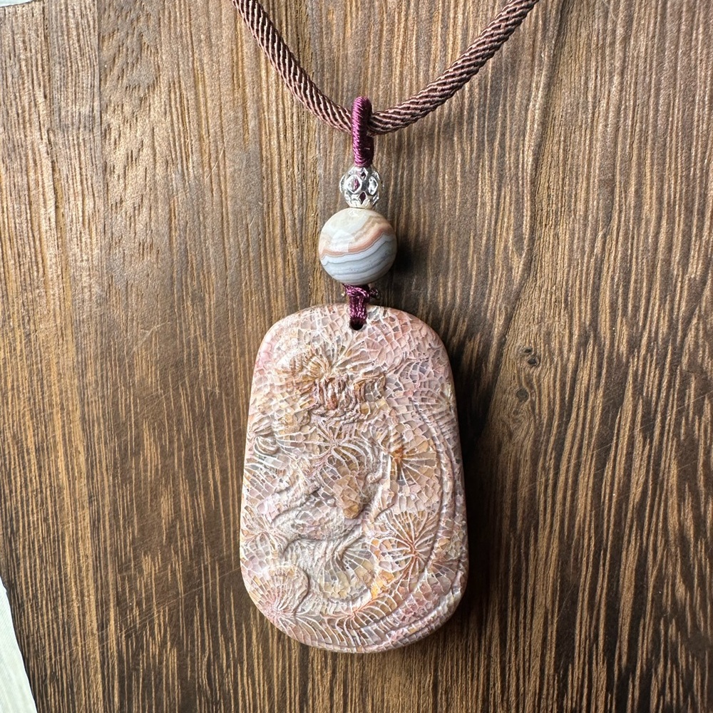 Handcrafted Coral Fossil Lady Pendant Necklace, Botswana Agate on Brown Rope - Picture 1 of 13